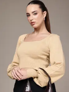 bebe Slim Fit Cropped Square Neck Bishop Sleeve Pullover Sweater