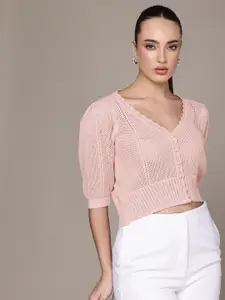 bebe Cropped Open Knit Pure Cotton Cardigan Sweater