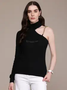 bebe Turtle Neck One Shoulder Chain Link Detail Pullover