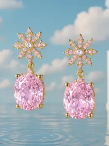 Rubans 22K Gold-Plated AD & CZ Snowflake Stud Earrings with Pink Oval Drop Stones