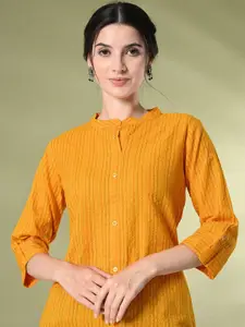 GLOWWORLD Striped Mandarin Collar Pure Cotton Straight Kurta