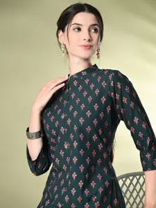 GLOWWORLD Floral Printed Mandarin Collar Pure Cotton Straight Kurta