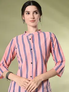 GLOWWORLD Striped Mandarin Collar Pure Cotton Straight Kurta