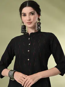 GLOWWORLD Striped Printed Band Collar Pure Cotton Straight Kurta