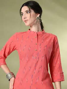 GLOWWORLD Striped Printed Band Collar Pure Cotton Straight Kurta