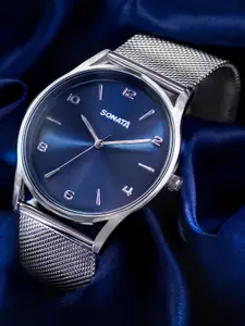 Sonata Men Embellished Dial & Stainless Steel Wrap Around Straps Analogue Watch 77140SM01