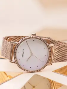 Sonata Women Embellished Dial & Stainless Steel Bracelet Style Straps Analogue Watch 87066WM01