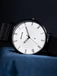 Sonata Men Embellished Dial & Stainless Steel Straps Analogue Watch 77142NM01