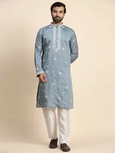 Rawayi Floral Embellished Mandarin Collar Pure Cotton Kurta
