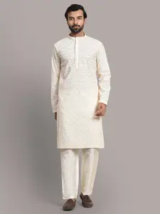 Rawayi Geometric Embroidered Mandarin Collar Chikankari Pure Cotton Straight Kurta