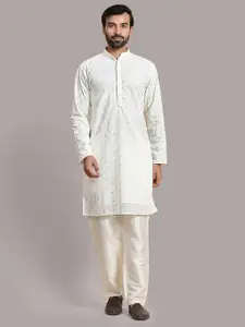 Rawayi Ethnic Motifs Woven Design Mandarin Collar Chikankari Pure Cotton Straight Kurta