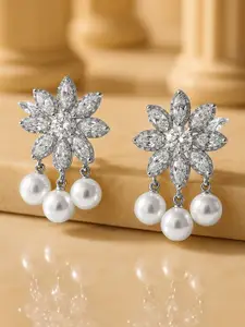 Rubans Premium Rhodium-Plated Cubic Zirconia Studded & Pearls Beaded Drop Earrings