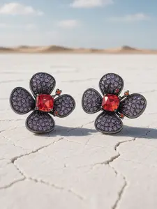 Rubans Rhodium-Plated Lavender, Orange & Ruby AD & Cubic Zirconia Floral Stud Earrings