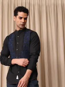 Mr Bowerbird Tailored Fit Floral Embroidered Band Collar Pure Cotton Casual Shirt