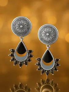 Rubans Oxidized Silver-Plated Black and Mirror Work Drop Earrings