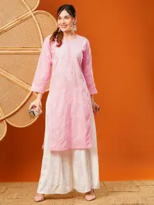ADA  Ethnic Motifs Embroidered Chikankari Detail Long Sleeves Side Slit Regular Kurta