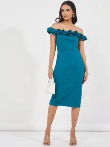 Styli Women Solid Ruffled Off Shoulder Neck Sheath Midi Dress