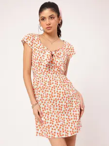 DressBerry Floral Printed Puff Sleeves Seersucker A-Line Dress
