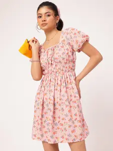 DressBerry Floral & Striped Dobby Weave Smocked A-Line Mini Dress