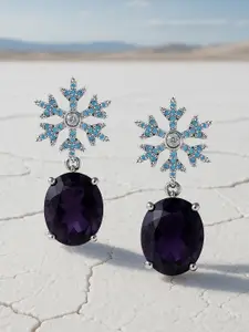 Rubans Rhodium Plated Dark Blue Crystal & Turquoise Zirconia Studed Floral Drop Earring