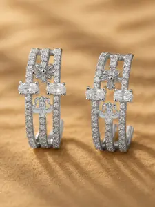 Rubans Rhodium Plated Cubic Zirconia Studded Floral Huggie Hoop Earrings