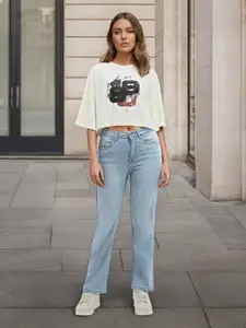 Flying Machine Women Straight Fit High-Rise Cotton Light Fade Stretchable Jeans