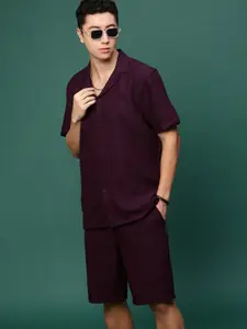 SHOWOFF Self Design Cuban Collar Shirt With Shorts