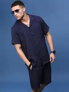 SHOWOFF Self Design Cuban Collar Shirt With Shorts
