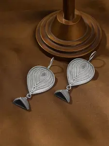 Yellow Chimes Silver-Plated Contemporary Oxidised Drop Earrings