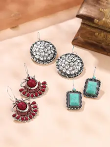 Yellow Chimes Set Of 3 Oxidised Stone-Studded Drop Earrings