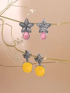 Yellow Chimes Set of 2 Silver-Plated Stones Studded Oxidised Floral Drop Earrings