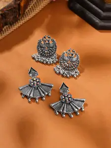 Yellow Chimes Set Of 2 Silver Plated Contemporary Oxidized Drop Earrings