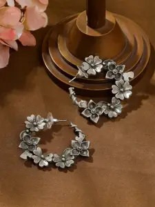 Yellow Chimes Oxidised Silver Plated Floral Hoop Earrings