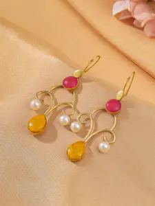 Yellow Chimes Gold-Plated Stone Studded & Beaded Drop Earrings