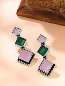 Yellow Chimes Silver Plated Artificial Stones Oxidised Drop Earrings