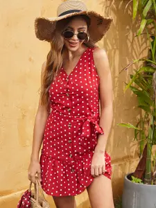 DressBerry Polka Dot Print Belted Dress
