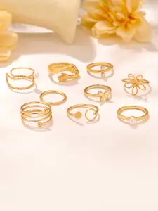 Yellow Chimes Set of 9 Gold-Plated Pearls Beaded Knuckle Stackable Finger Rings