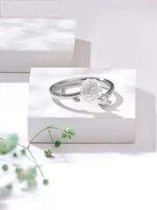 Yellow Chimes Rhodium-Plated Cubic Zirconia Studded Floral Shaped Adjustable Finger Ring