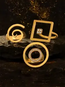 Yellow Chimes Set Of 3 Gold Plated Stone Studded Statement Style Finger Rings