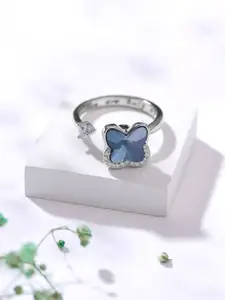 Yellow Chimes Rhodium-Plated CZ Studded Butterfly Shaped Rotating Adjustable Finger Ring