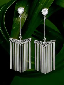 Rubans Rhodium Plated Long Fringe Drop Earrings with Crystal AD Studs and Tassel Accents