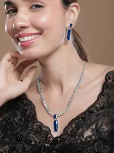 Rubans Rhodium-Plated Blue Sapphire AD & Cubic Zirconia Studded Premium Necklace Set