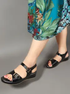 Carlton London Women Open Toe Wedge Heel Sandals with Buckles