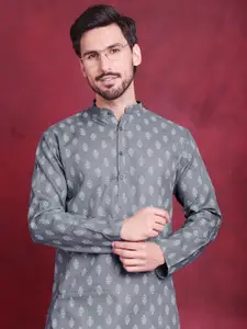 Jompers Floral Printed Band Collar Straight Kurta With Pyjamas