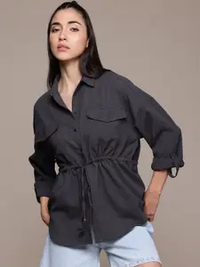 The Roadster Lifestyle Co. Women Crinkled Belted Casual Shirt