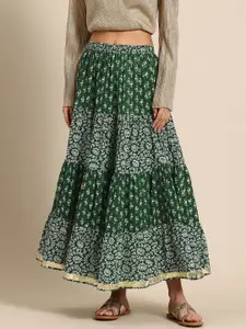 anayna Floral Printed Tiered Pure Cotton Flared Maxi Skirt