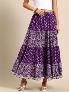 anayna Floral Printed Tiered Pure Cotton Flared Maxi Skirt