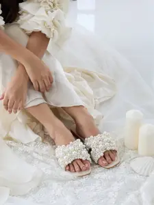 CAI Women's Cluster of Pearls Cross Embellished Open Toe Flats