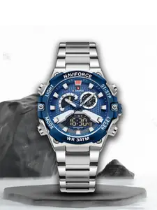 Naviforce Men Brass Embellished Dial & Stainless Steel Straps Analogue and Digital Multi Function Watch