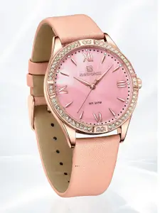 Naviforce Women Brass Embellished Dial & Leather Straps Analogue Watch NF5038 RGR